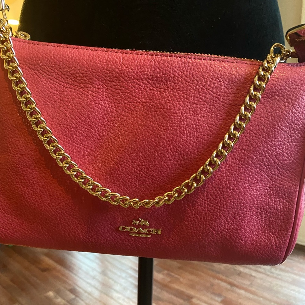 Coach Carrie Crossbody in Hot Pink Pebbled Leather with Gold Chain Accent